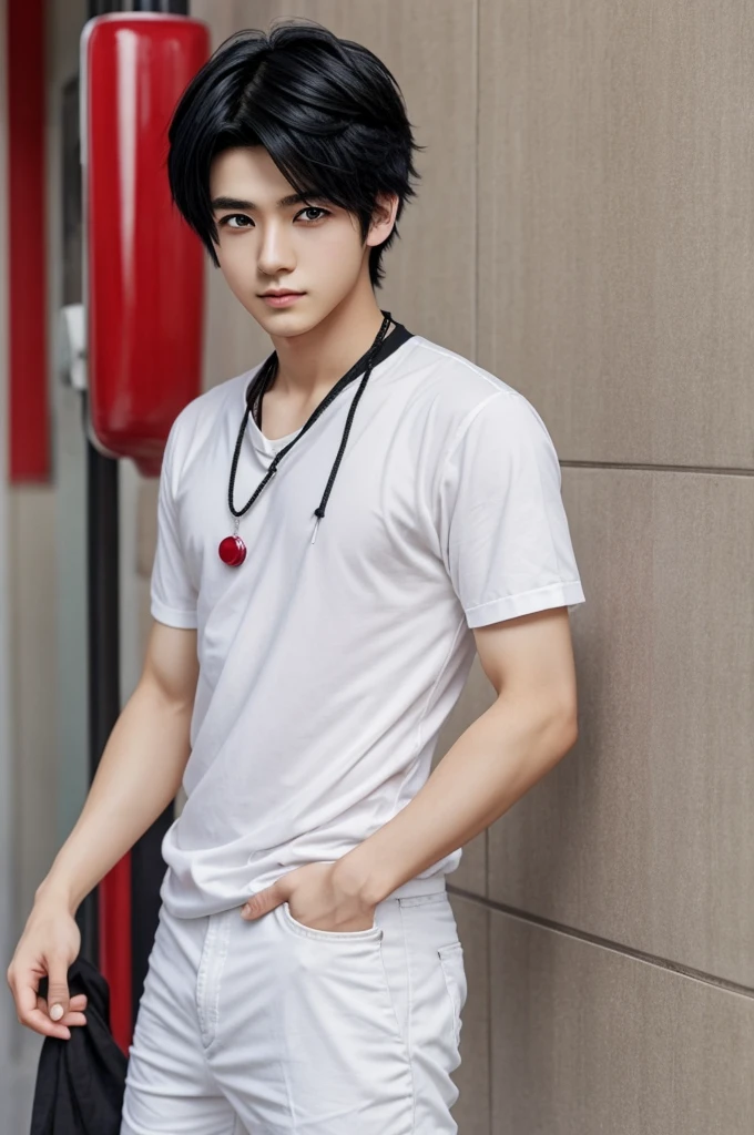A young anime style boy of 26 years old with black hair and short ruby eyes, serious with white skin and slim and cute