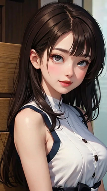 blush a little and smile, (Top quality masterpiece:1.2) Delicate illustrations, Very detailed, /Beautiful Japanese Women、1 person,Very cute and slim、Great style 、((8K images、super high quality))、Very delicate face, Skin and Hair、beautifule forehead、Red lipstick、(((((Mid-length hair、Brown Hair))))),Very cute Japanese cut face、Eyes and nose are clearly visible、Kind eyes,((((Sleeveless fashion))))