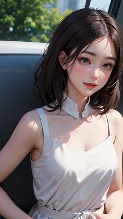 blush a little and smile, (Top quality masterpiece:1.2) Delicate illustrations, Very detailed, /Beautiful Japanese Women、1 person,Very cute and slim、Great style 、((8K images、super high quality))、Very delicate face, Skin and Hair、beautifule forehead、Red lipstick、(((((Mid-length hair、Brown Hair))))),Very cute Japanese cut face、Eyes and nose are clearly visible、Kind eyes,((((Sleeveless fashion))))