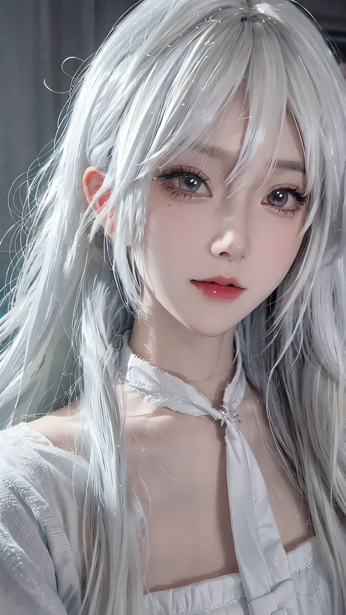 Close-up of a long-haired woman wearing a white sweater, Perfect white-haired girl, Attractive anime girl, Beautiful and attractive anime woman, Long white hair, Attractive anime girl, Beautiful anime girl, 有着Long white hair, Realistic young anime girl, White hair girl, White hair, Anime girls in real life, Beautiful anime woman, Realistic anime