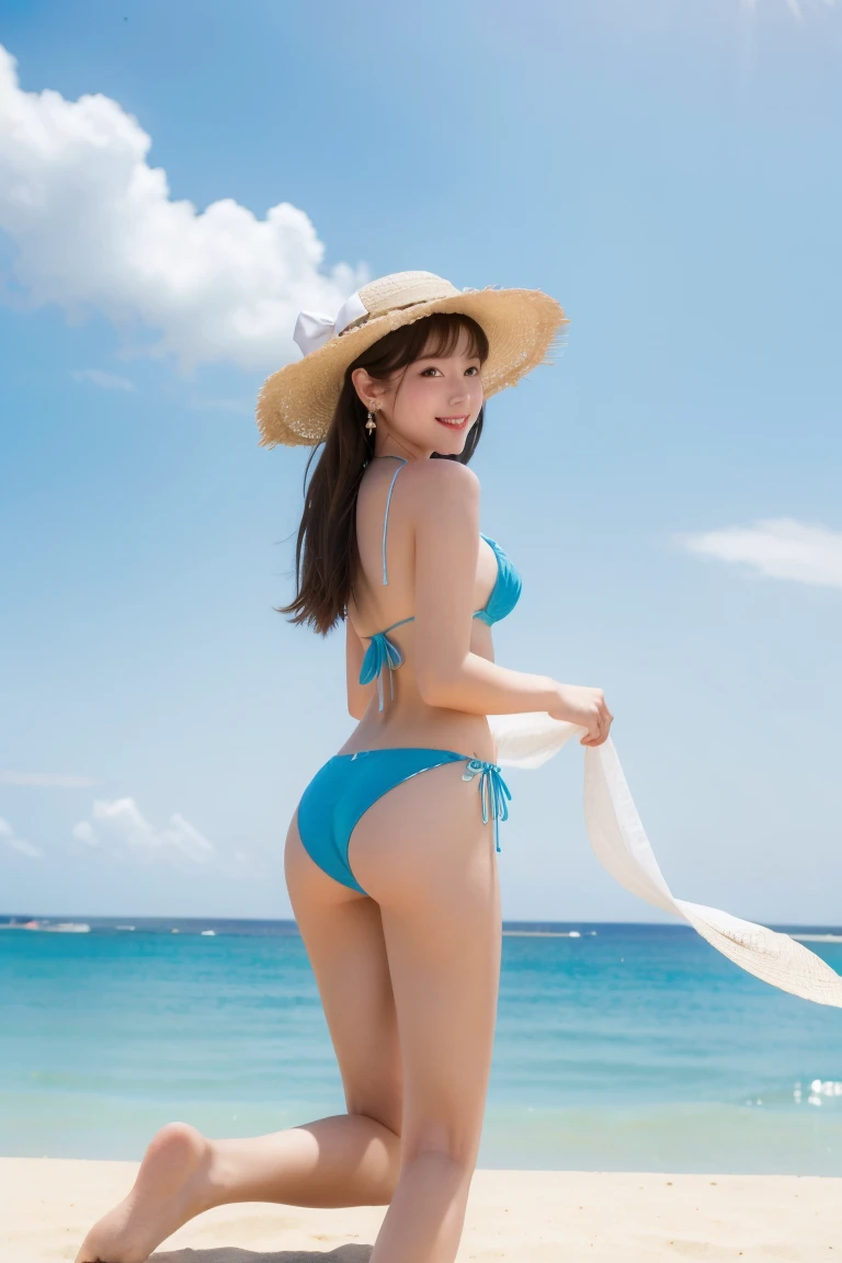 best quality:1.4), (masterpiece:1.4), ultra-high resolution, 8K, CG,1girl, solo, long hair, looking at viewer, smile, open mouth, bangs, blue eyes, hat, bow, ribbon,jewelry, beach,Kneeling on the beach,ass,looking back,back,earrings, outdoors, frills, sky, day, blue sky, side-tie bikini bottom, ocean, hat bow,bow,bikini,sun hat, straw hat,foot,full body, complete foot,((poakl)),shenhe (genshin impact),curtains, 1 girl
