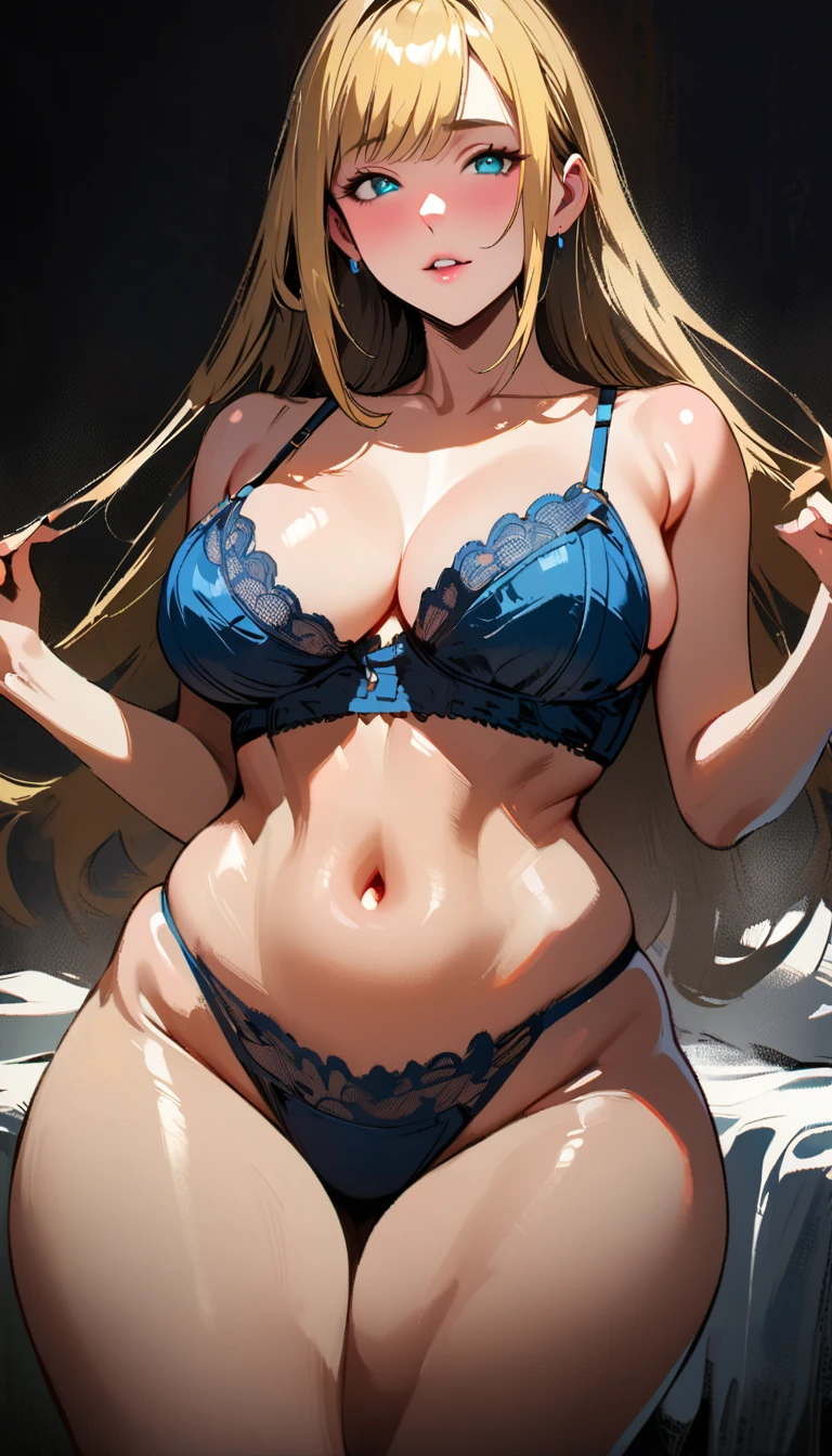 (high quality, 8k, 4K, high contrast, artwork:1.2, high quality, best aesthetics), (dynamic angle), ((1 woman)), erotic, sensual, mature body, super detailed, beautiful face detailed, beautiful eyes detailed, detailed beautiful mouth, sexy body, perfect breats, perfect wide thighs, (long straight blonde hair), (blue eyes), (calm facial expression), (sexy blue lingerie), (blue lace bra), (blue thong panties), (standing), (centered), (looking at viewer), (blushing), bedroom)