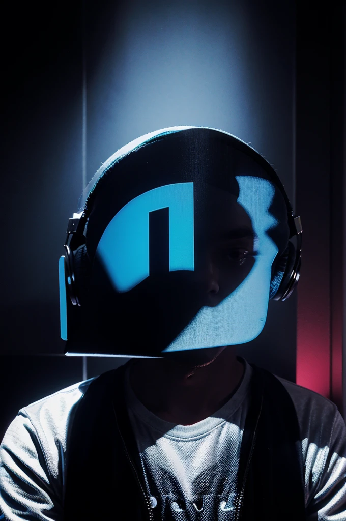 logo with brand name "velvet chill beats" in font text, with Dj guy in headphones shadow silhouette behind text transparent