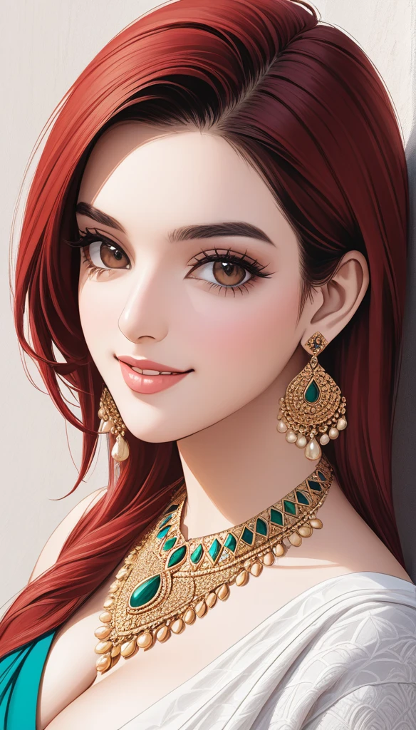 a woman, Kriti Sanon, outdoors, realistic skin texture, smiling, post-processing, Maximum texture, masterpiece, ultra-detailed, photorealistic, realistic, real picture, hyperrealism, Sharp focus, insane details, intricate details, full sharp, detailed face, realistic eyes,simple white stucco background ,big hoop earrings, makeup,white skin,sharp jawline ,big earrings, oversized earrings,big breasts,full body view ,saree,red hair, necklace, eyeliner, eyeshadow, foundation, jewelry,bangles