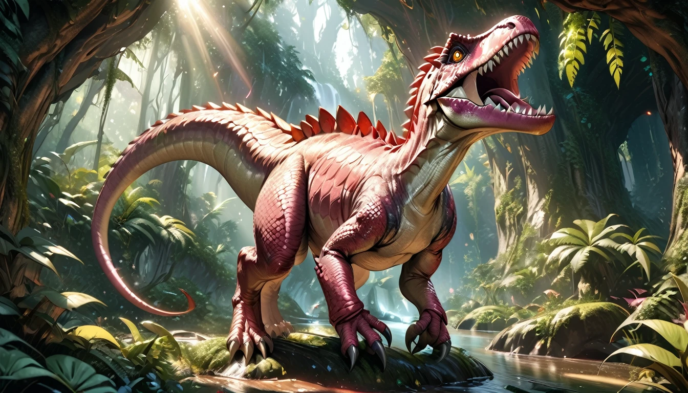 cute pink Herbivore dinosaurs, 1 pink dinosaur, mythological creature, fantasy art, detailed scales, sharp teeth, claws, spikes, vibrant colors, glowing eyes, dynamic pose, natural environment, lush foliage, sunlight, photorealistic, 8k, high resolution, intricate details, digital painting, concept art