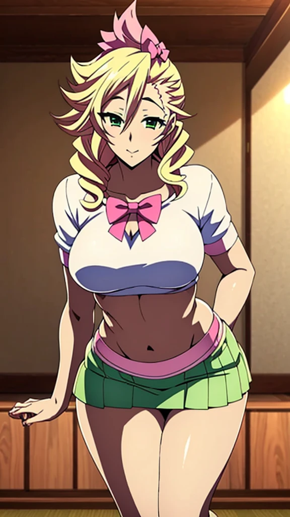 In anime A college girl Sexy young beautiful attractive beautiful popular yellow hair long curly menchon forehead pink bow her green eye dresses white blouse tied knot put green bow chest shows navel curve wide sexy and her green skirt short black heel 