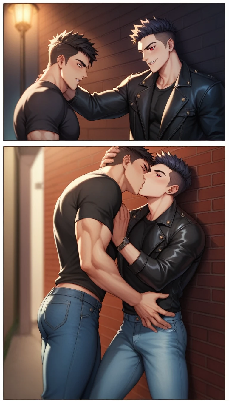 Best quality, masterpiece, intricate details, muscular male vampire, extremely pale skin, red eyes, seductive look, wolfcut blond hair, tight leather jacket and denim jeans, kissing a handsome blond pizza deliveryman, leaning against brick wall in dimly lit alleyway, at night, gay, homoerotic, best view, comic art style, perfect fingers, no watermark, no logo, no signature
