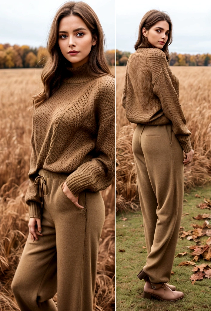 Arav woman in sweater and pants standing in the field, Brown sweater, Center Image, 🍂 Lovely, Brown clothes, Female Model, Clothing photos, Earthy tones, author:Kristen Dalsgaard, Wearing a casual sweater, Standing on the grass, from me, Beautiful images, victoria siemer, subtle Earthy tones, author:Emma Andijewska