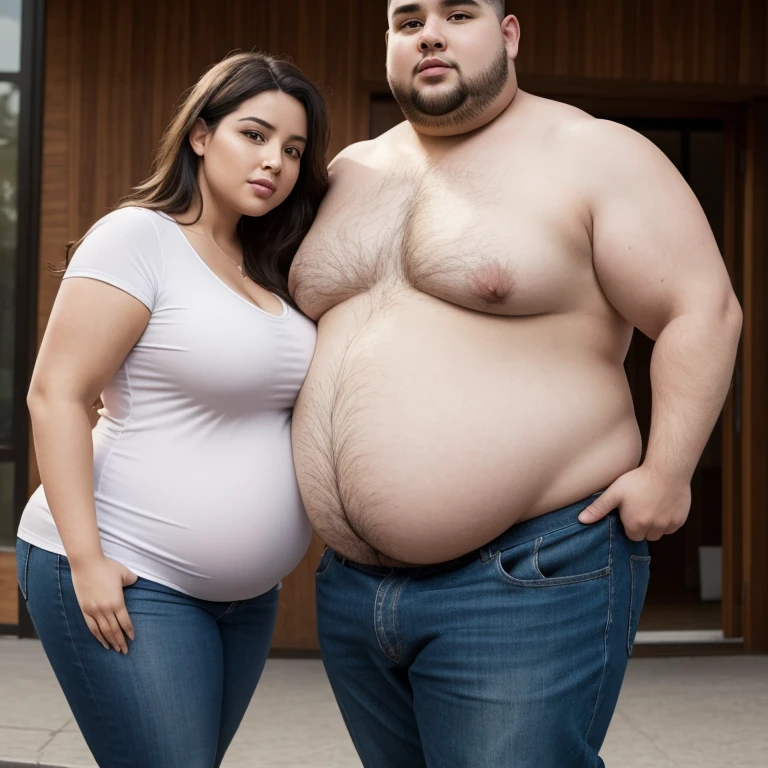 obese man with big belly and severely obese woman with big belly, 8K, photorealistic