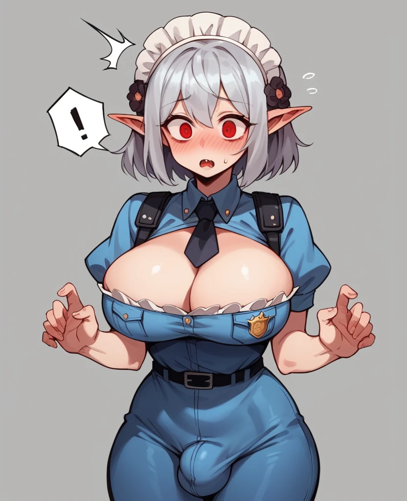 ((Perfect human body)),One girl, Red eyes, Wavy silver hair, Pointed Ears, vampire, Drooping eyes,Police uniform,blush,Surprise expression,Maid clothes,Mobile Task Force Heavy Equipment,Big Breasts,Hair Flowers,whole body,Character portrait,bulge in the crotch,Main Street,futanari,micro pantie,NSFW