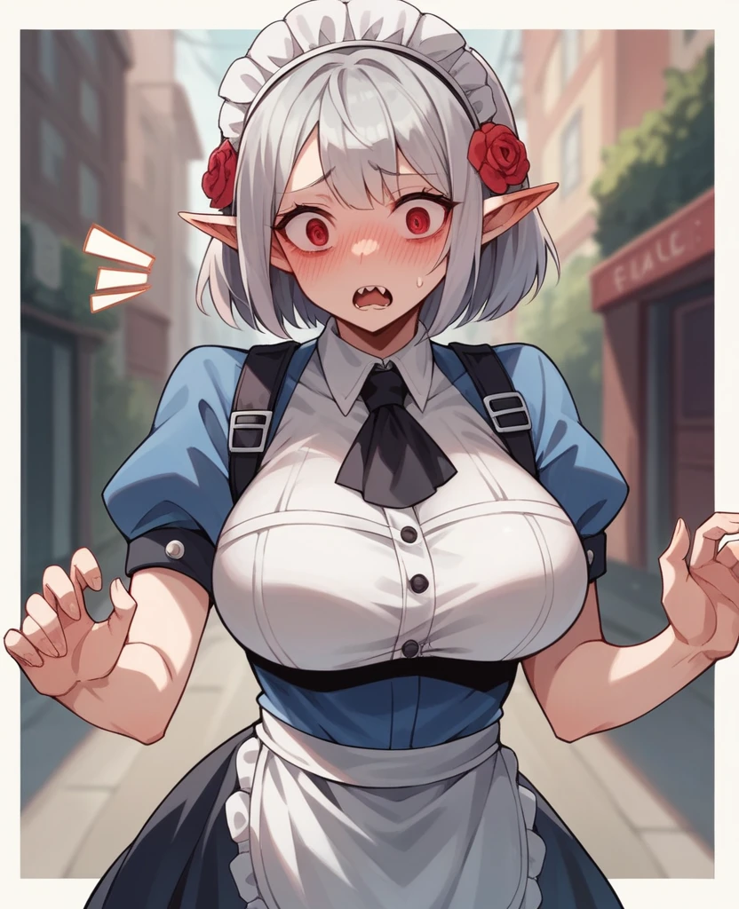 ((Perfect human body)),One girl, Red eyes, Wavy silver hair, Pointed Ears, vampire, Drooping eyes,Police uniform,blush,Surprise expression,Maid clothes,Mobile Task Force Heavy Equipment,Big Breasts,Hair Flowers,whole body,Character portrait,bulge in the crotch,Main Street,futanari,micro pantie,NSFW