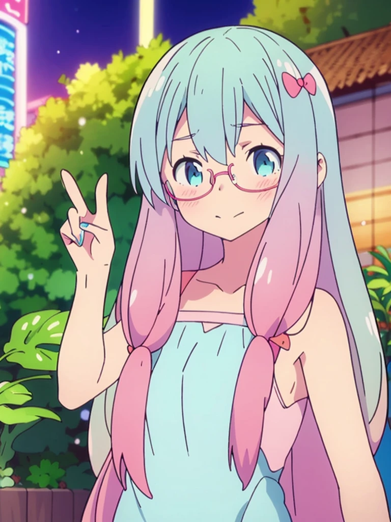 Anime girl with blue hair and glasses holding a peace sign., Pink hair and cyan eyes., plantilla de youtuber virtual live2d, anime moe art style, holding a modest pose, I will deny the matter, , stylized anime, my anime dress darling, mikudayo,  in dress, nanogirlv 2