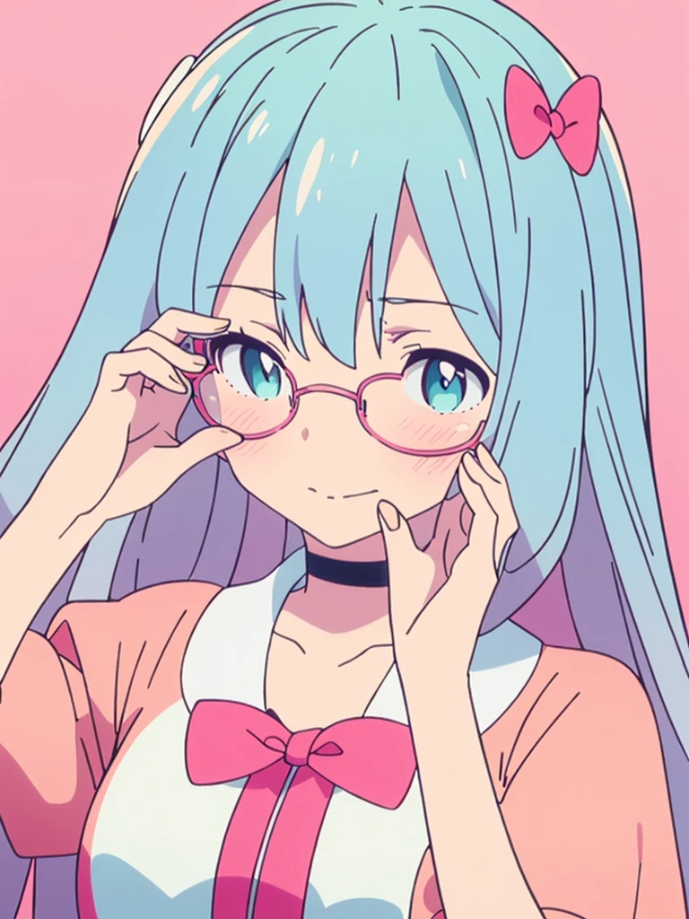 Anime girl with blue hair and glasses holding a peace sign., Pink hair and cyan eyes., plantilla de youtuber virtual live2d, anime moe art style, holding a modest pose, I will deny the matter, , stylized anime, my anime dress darling, mikudayo, in dress, nanogirlv 2