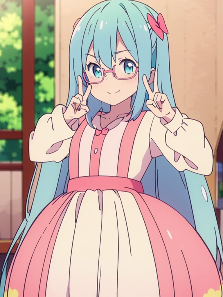 Anime girl with blue hair and glasses holding a peace sign., Pink hair and cyan eyes., plantilla de youtuber virtual live2d, anime moe art style, holding a modest pose, I will deny the matter, , stylized anime, my anime dress darling, mikudayo, in dress, nanogirlv 2