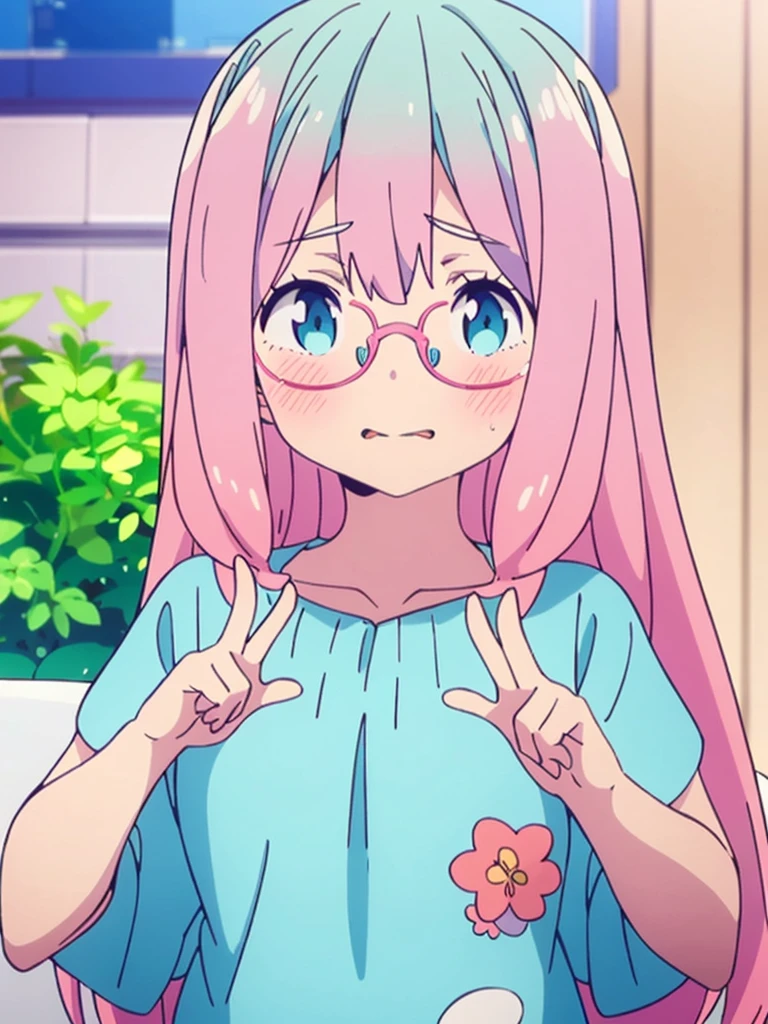 Anime girl with blue hair and glasses holding a peace sign., Pink hair and cyan eyes., plantilla de youtuber virtual live2d, anime moe art style, holding a modest pose, I will deny the matter, , stylized anime, my anime dress darling, mikudayo,  in dress, nanogirlv 2