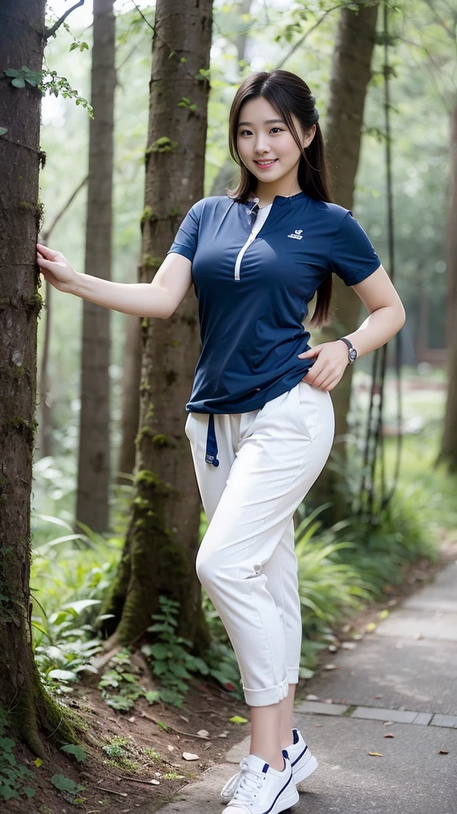 masterpiece, best quality, Surreal, Ultra Detailed, 8k resolution, RAW photos, Clear focus, (A girl in the forest), ((navy blue shirt:1.1)), Short sleeve, Long sweatpants,Full body posture, Solitary, Perfect body, Become a, 32 inches in the chest,(a charming smile:1), (sexy pose),26 years old, light,White shoes
