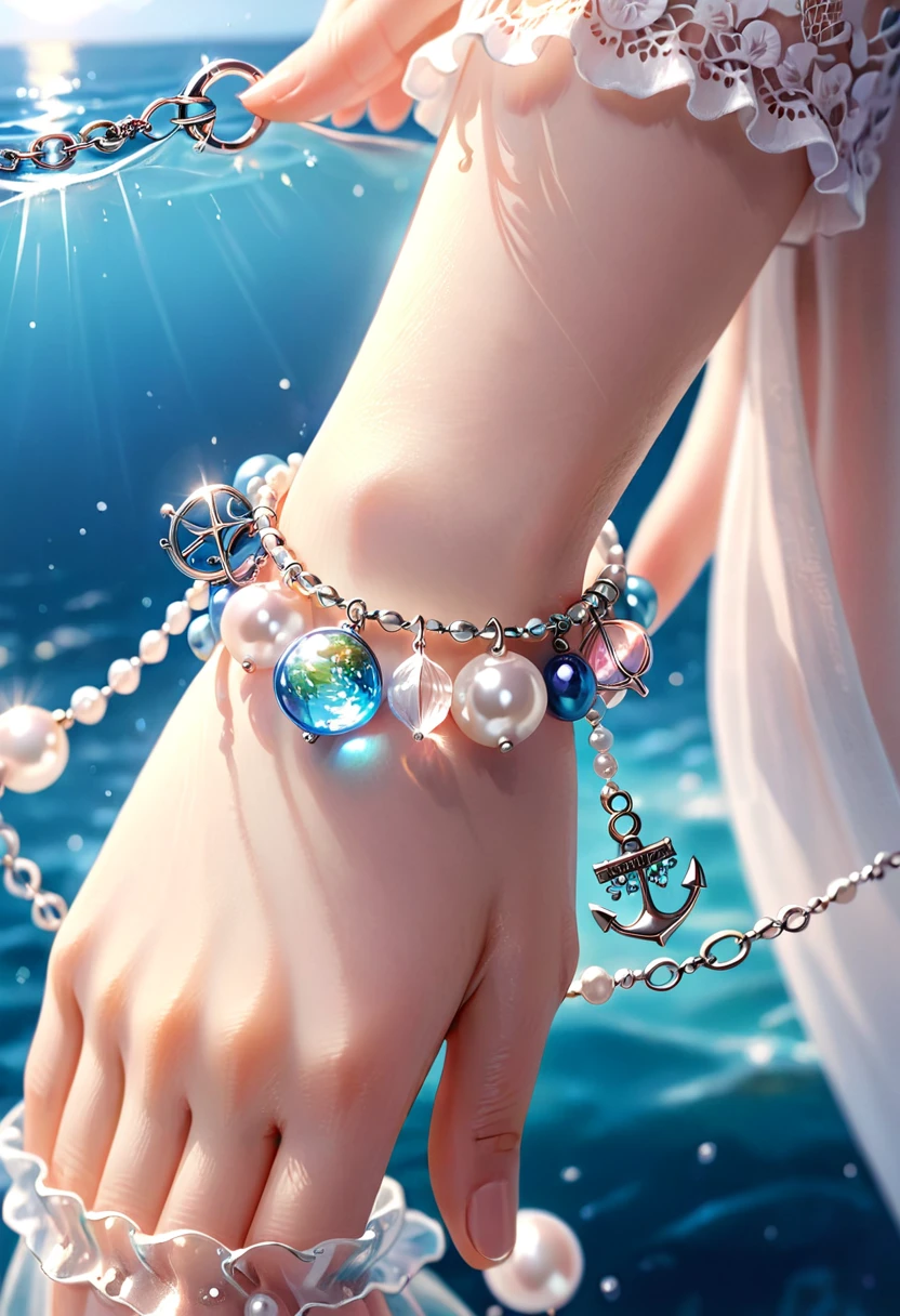 A shiny silver bracelet, on the wrist, (marine-themed charms:1.2), pearls, transparent colorful beads, delicate thin chain, (best quality, 4k, 8k, highres, masterpiece:1.2), ultra-detailed, (realistic, photorealistic, photo-realistic:1.37), intricate jewelry design, exquisite craftsmanship, shimmering metallic, ocean-inspired, iridescent pearls, vibrant hues, delicate filigree, elegant accessory, feminine aesthetics, close-up, detailed texture, soft focus, warm lighting