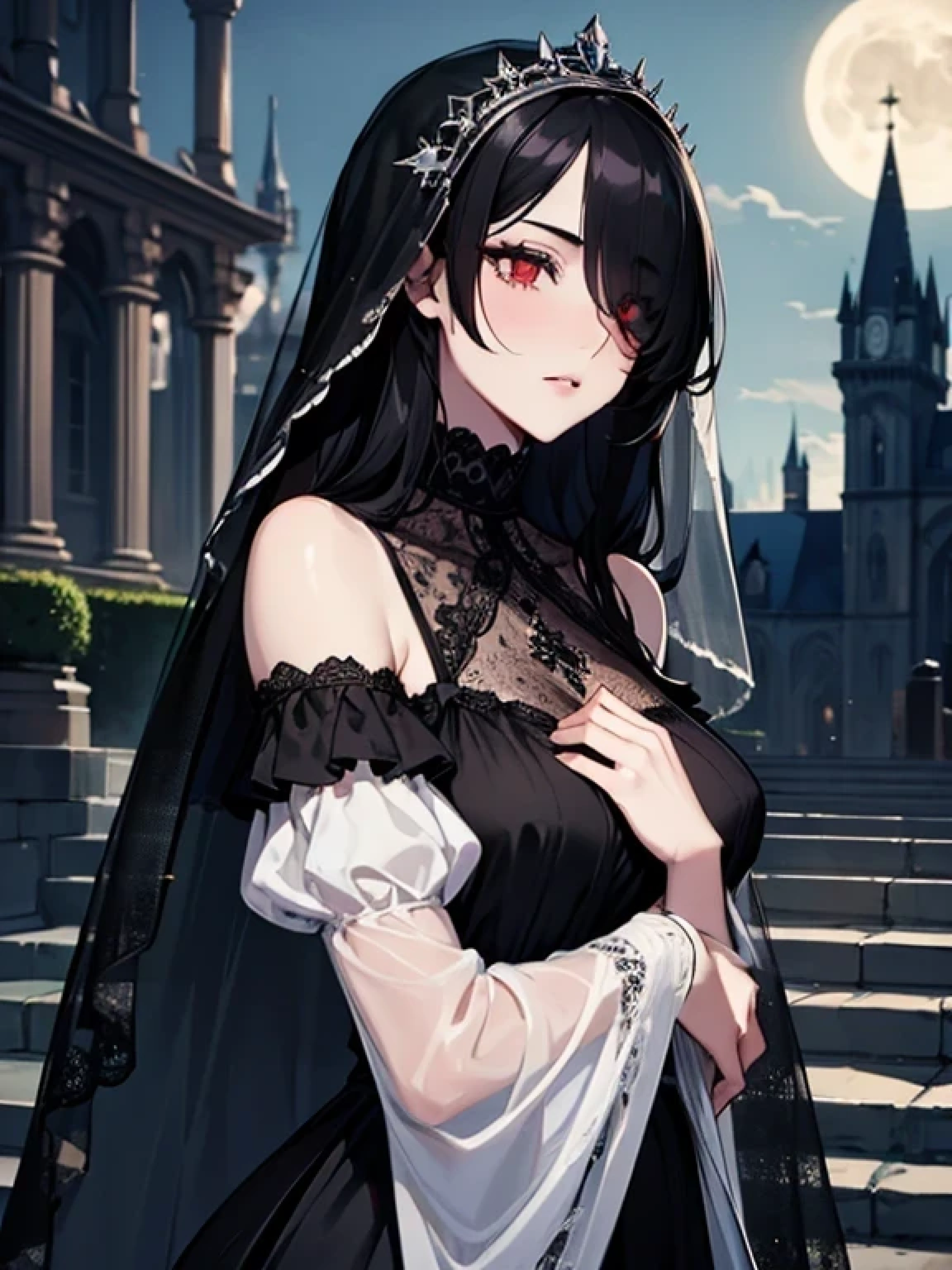 (Super detailed:1.3), ((((best quality)))), ((masterpiece)), female focus, solo,hotify, stunning beauty, powerful glow, detailed face, detailed eyes, detailed lips,castle interior background,(nighttime),moonlight,((black hair)),long hair, black mourning dress,((mourning veil)),red eyes, (pale skin:1.2),melancholic expression,straight bangs,bangs covering forehead,almond-shaped eyes,very cute face,cowboy shot, (hair over one eye),sheer sleeves,left hand on chest,((two arms))