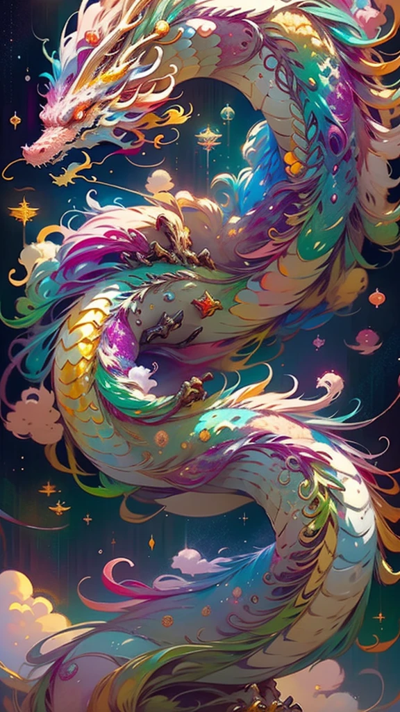 Golden dragon。Rainbow glowing scales。The dragon god is coming。Golden Splash、milky way、god々々right、Staring straight ahead、Red Beard、Pastel rainbow colored dragon