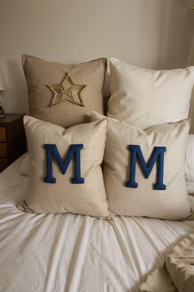 Two pillows, one with the letter "n" and the other pillow with the lyrics "m", who finds stars and teddy bears around the pillows. In the middle that says (rest happy)