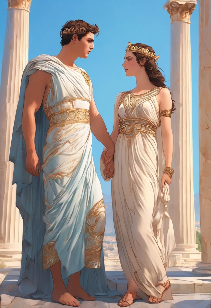 Masterpiece,quality,4k,Show a young 20 something couples in ancient Athens Greece males and females in detail,with pastel shades tones colors ancient greek patterns designs Ionic IonianGreece