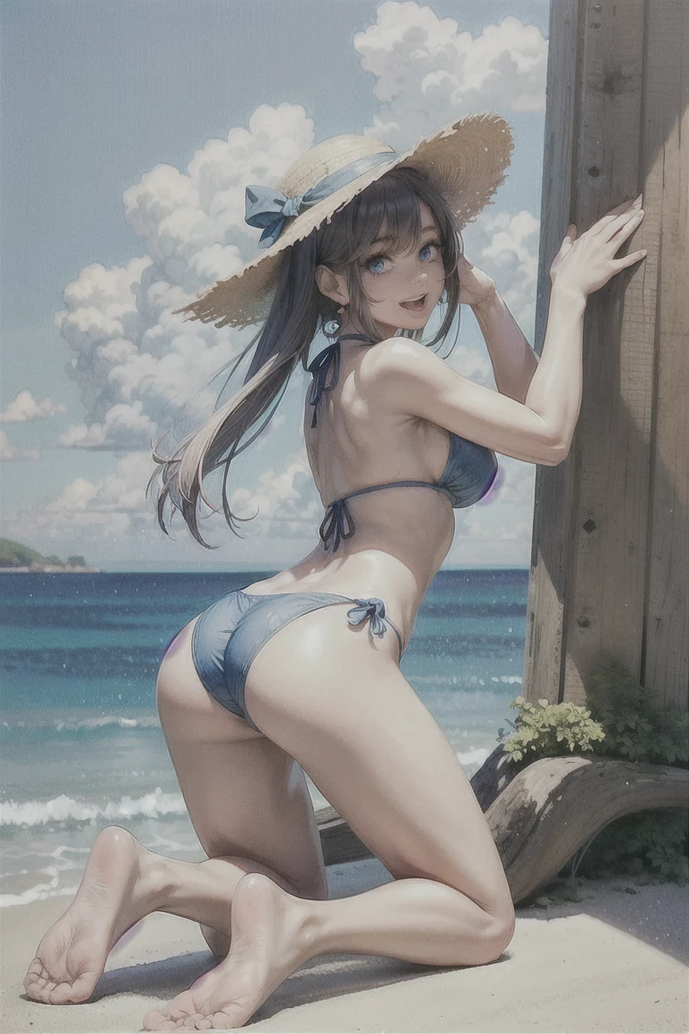 best quality:1.4), (masterpiece:1.4), ultra-high resolution, 8K, CG,1girl, solo, long hair, looking at viewer, smile, open mouth, bangs, blue eyes, hat, bow, ribbon,jewelry, beach,Kneeling on the beach,ass,looking back,back,earrings, outdoors, frills, sky, day, blue sky, side-tie bikini bottom, ocean, hat bow,bow,bikini,sun hat, straw hat,foot,full body, complete foot,((poakl)),shenhe (genshin impact),curtains, 1 girl