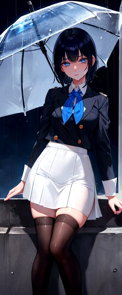 Kizi, short black hair, skin fair, blue eyes like sapphire, schoolar uniform, wet in the rain.