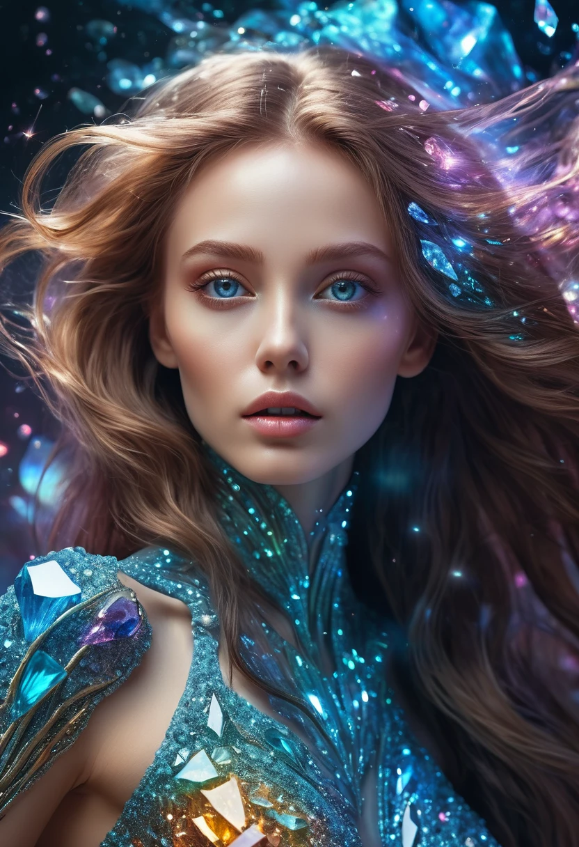 An alien girl whose body is made of minerals, diamond, Topaz, (best quality, highres, ultra-detailed), portraits, vivid colors, studio lighting, realistic, long hair flowing in the wind, sparkling eyes, otherworldly beauty, surreal atmosphere