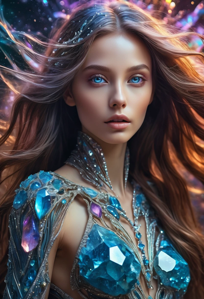 An alien girl whose body is made of minerals, diamond, Topaz, (best quality, highres, ultra-detailed), portraits, vivid colors, studio lighting, realistic, long hair flowing in the wind, sparkling eyes, otherworldly beauty, surreal atmosphere