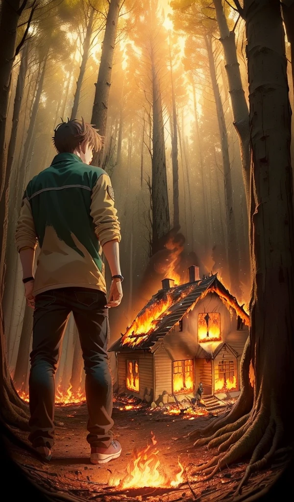 (Anime style:1.5), (highly detailed), (1 boy and 1 girl pausing at a safe distance:1.7), (looking back at the burning candy house in deep forest:1.7), (burned sweets and treats all around), (faces illuminated by the glow of the fire), (mixture of relief and lingering fear), (forest surrounding them)