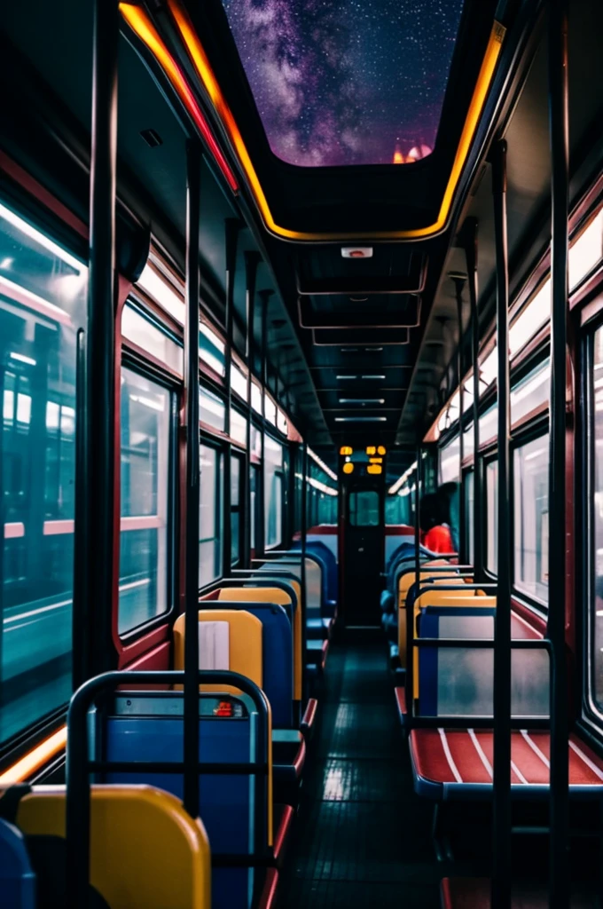 Person takes photo inside the bus, at night