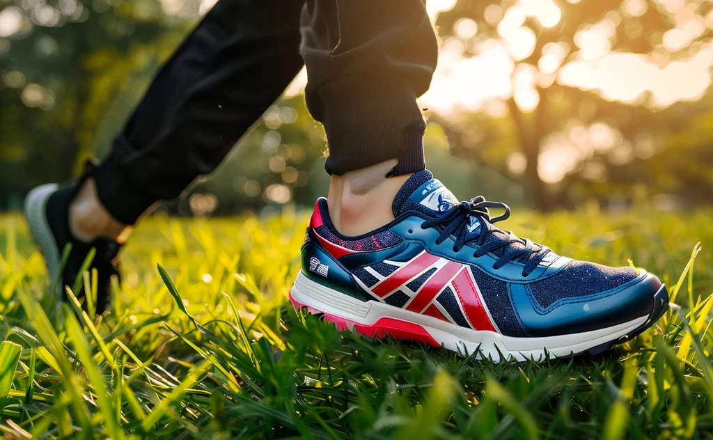 有人穿着一双鞋在Walk on the grass, Star and stripes, rugged | Star, running shoes, sports shoes, patriotic, 🤬 🤮 💕 🎀, Powerful details, Walk on the grass, Middle close-up, exclusive, Close-up establishing shot, wearing military shoes, 只关注sports shoes, Medium shot, background is heavenly, fashionable, with Star，There are no shoes on the right foot，Right foot is barefoot，Right foot is barefoot，The right foot is about to step out without a shoe