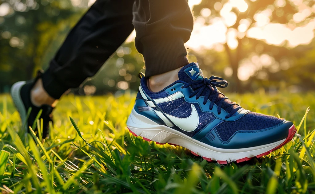 有人穿着一双鞋在Walk on the grass, Star and stripes, rugged | Star, running shoes, sports shoes, patriotic, 🤬 🤮 💕 🎀, Powerful details, Walk on the grass, Middle close-up, exclusive, Close-up establishing shot, wearing military shoes, 只关注sports shoes, Medium shot, background is heavenly, fashionable, with Star,There are no shoes on the right foot,Right foot is barefoot,Right foot is barefoot,The right foot is about to step out without a shoe