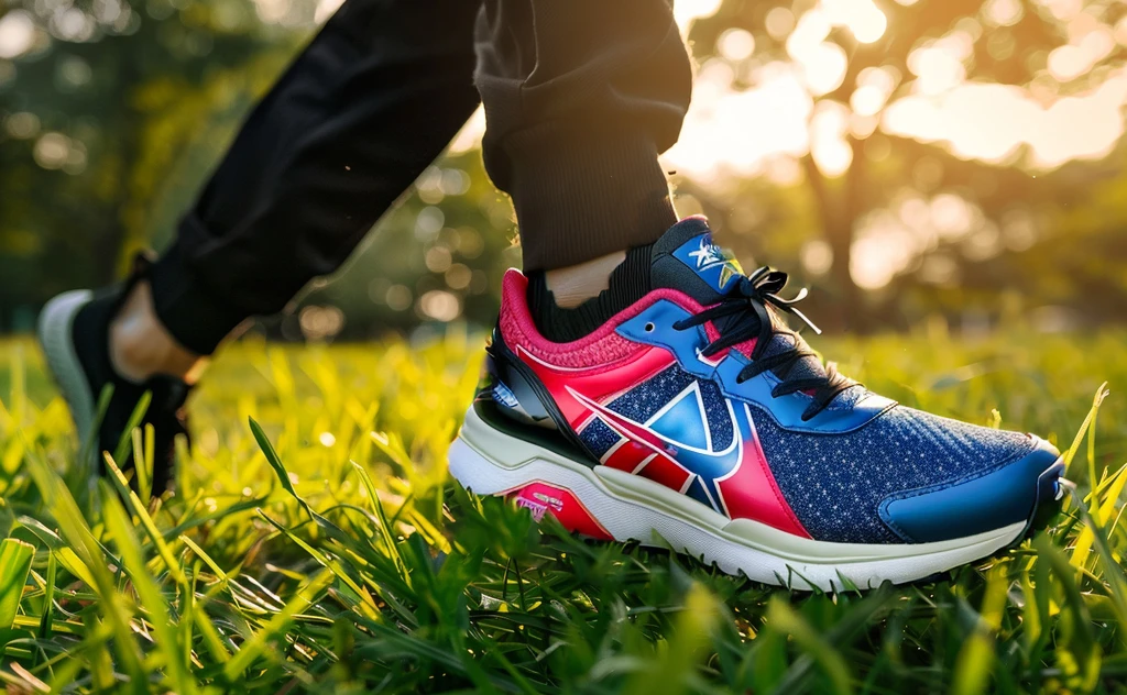 有人穿着一双鞋在Walk on the grass, Star and stripes, rugged | Star, running shoes, sports shoes, patriotic, 🤬 🤮 💕 🎀, Powerful details, Walk on the grass, Middle close-up, exclusive, Close-up establishing shot, wearing military shoes, 只关注sports shoes, Medium shot, background is heavenly, fashionable, with Star,There are no shoes on the right foot,Right foot is barefoot,Right foot is barefoot,The right foot is about to step out without a shoe