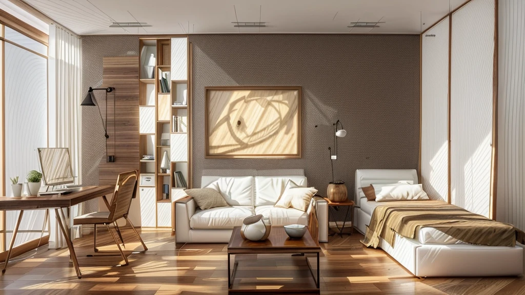 The living room has a modern style, sunlight pours into the house through the door, white is the main color tone combined with walnut wood.