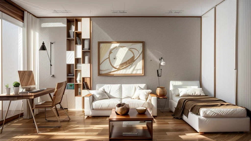 The living room has a modern style, sunlight pours into the house through the door, white is the main color tone combined with walnut wood.