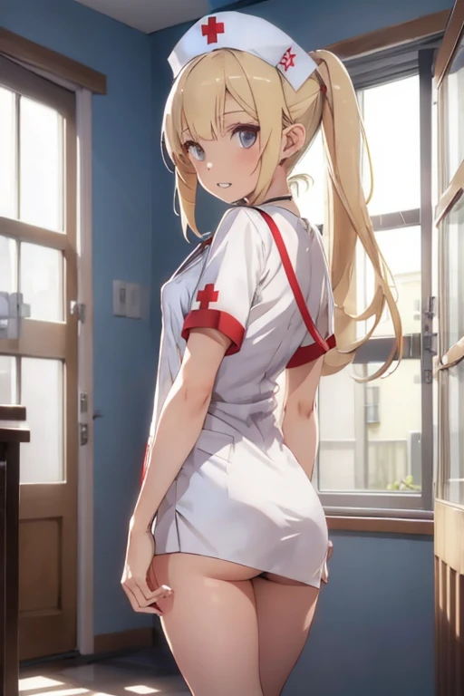 One girl, nurse cap, teeth, Recall, Long Hair, Panty lines, Pointed Ears, Have, From behind, nurse, View your viewers, Blonde, hair ornaments, Short sleeve