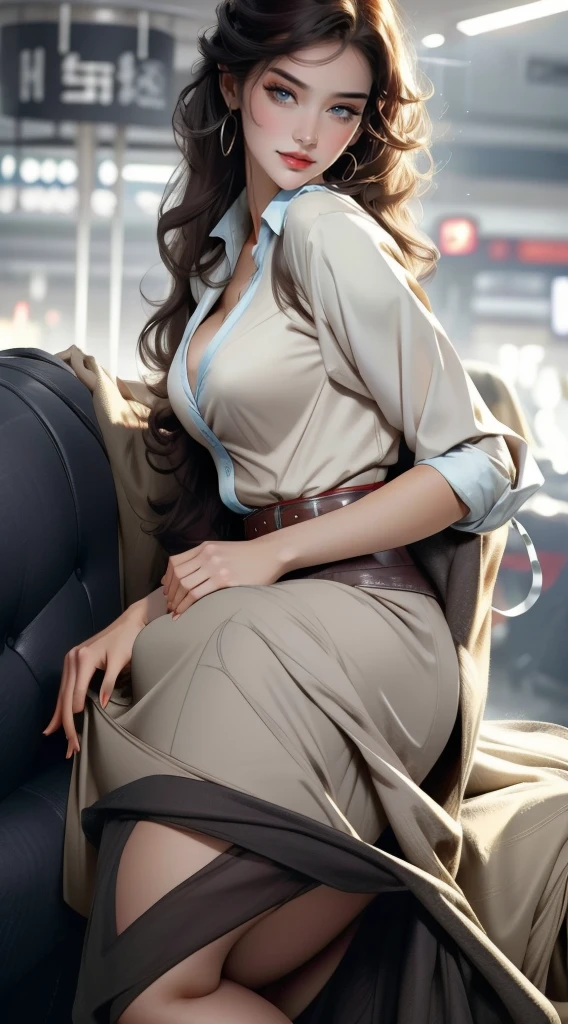 Detailed woman face looking at camera,Airline stewardess,Airline stewardess,Short skirt,uniform,Brown curly hair,Bangs, blue eyes, Hot red lips, Sexy open mouth, Correction of deformed fingers, Reality, Sharp eyes, (((Eyes looking at camera))) Smile