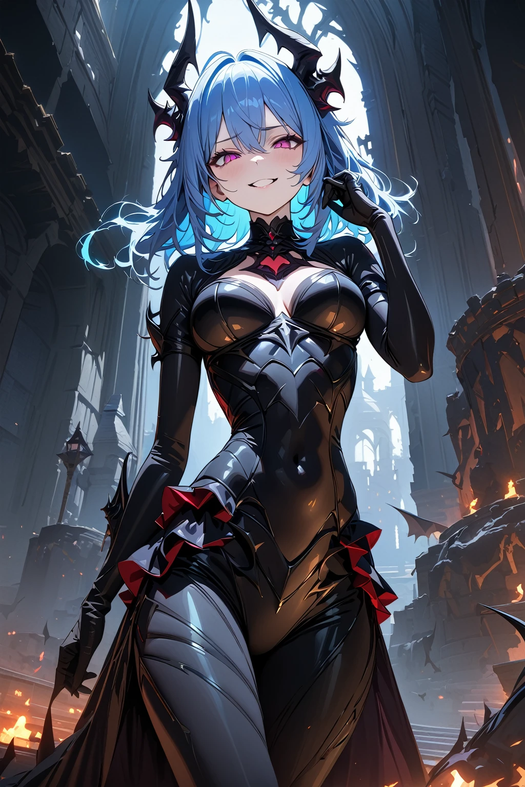 (masterpiece, best quality:1.5), (ultra detailed, high resolution, 8k, beautiful detailed, UHD, best anatomy), pale blue hair, medium breasts, devil king, Castle of the Demon King, dark night, eerie, ominous, Eerie Smile, madness, the supremacy of a devil king