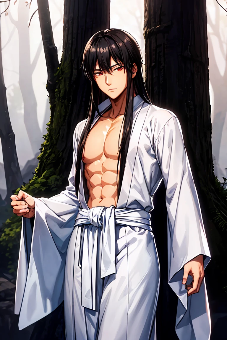 Asian man z wears a white kimono tied at the waist, He is showing his naked torso, black fur, Red eyes, wide, thin man, medieval forest background, the trees are frozen. long hair