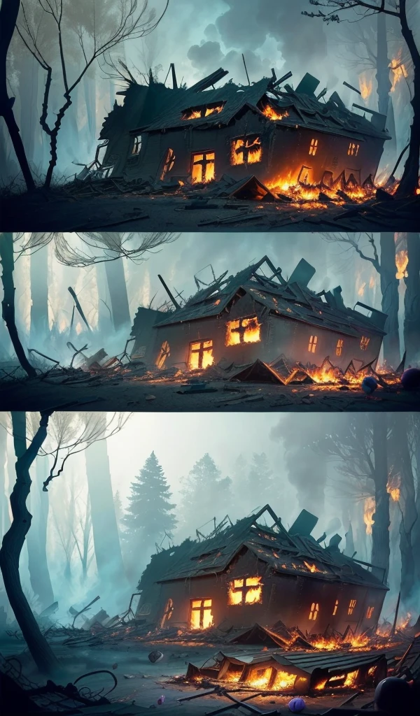 (Anime style:1.5), (highly detailed), (destroyed burned candy house in deep forest:1.7), (burned sweets and treats all around), (smoke and remnants of candy and sweets scattered around), (eerie and dark atmosphere), (forest reclaiming the area with vines and plants growing over the ruins), (sense of nature taking over), (epic final scene:1.7)