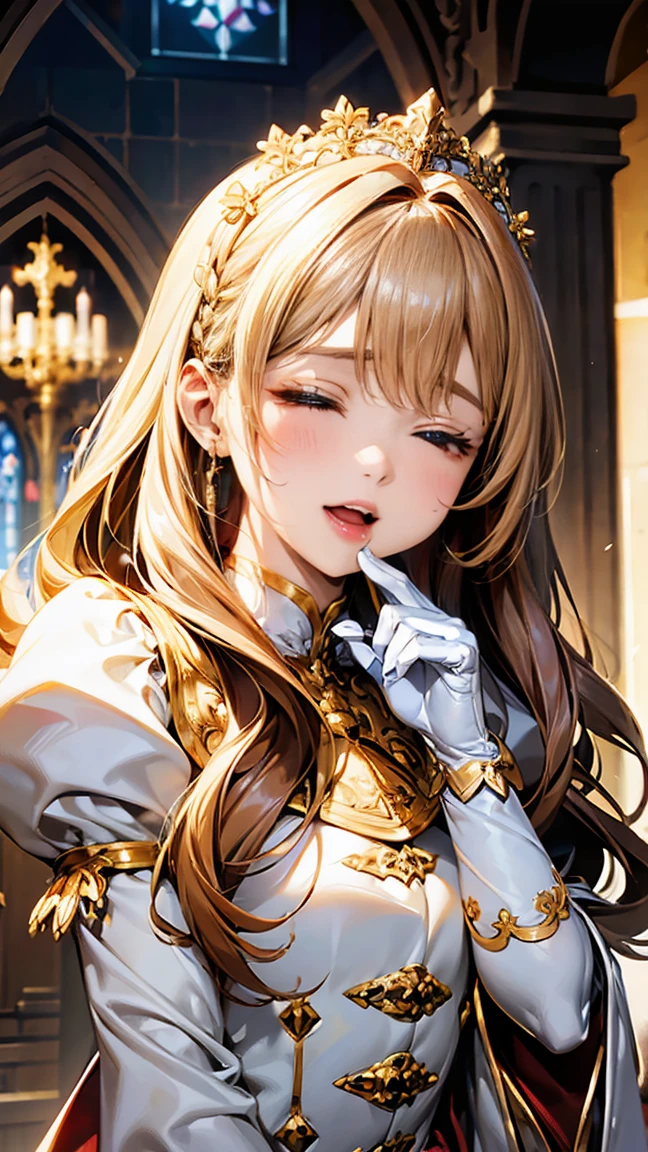 In front of the majestic church altar、(Blurred Background)、Bright light、golden long hair girl、classic white wedding dress、(Elegant luster)、(Lots of races)、Lots of ribbons、((Voluminous puff sleeves))、Long cuffs with lots of buttons、Gold embroidery、Long train、White embroidered gloves、Five Fingers、(Sexual climax), Redness on the cheeks, ((Cum in mouth:1.8, Close your mouth and eyes:1.6, 1boy penis)),