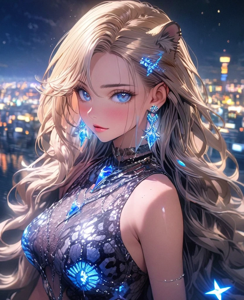 8K,gal,Beautiful and realistic skin,Shiny jewel-like earrings,glowing tattoo,Long colerful hair,blue eyes,Night view,Sparkling landscape,whole body,Leopard print clothes