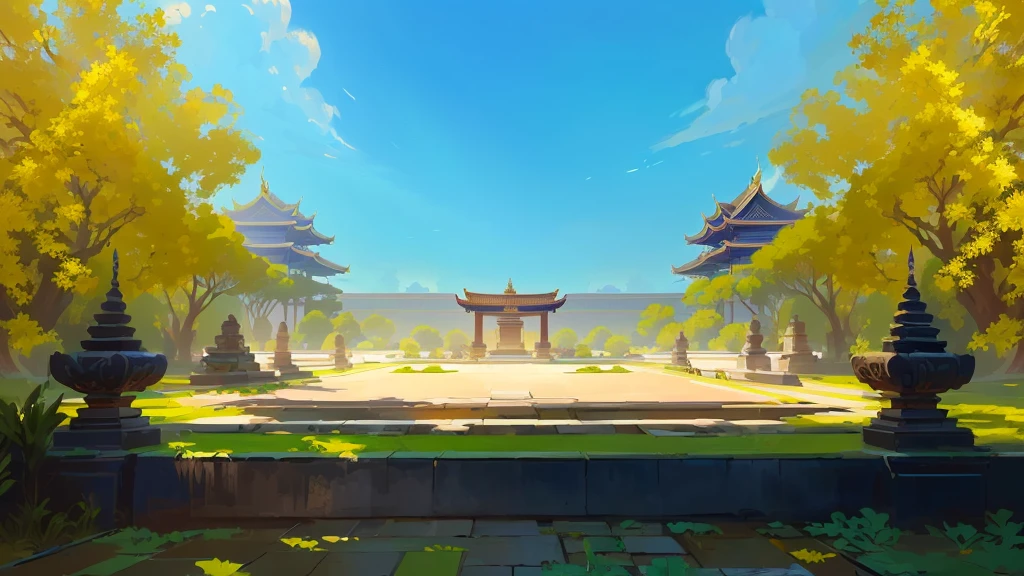 there is a painting of a courtyard, arena background, mobile game background, background art, background artwork, palace background, game background, temple background, volley court background, zen temple background, anime background art, royal garden background, amazing wallpaper, anime background, 2 d game art background, park background, anime scenery concept art, videogame background, Cassia fistula, far architect thailand