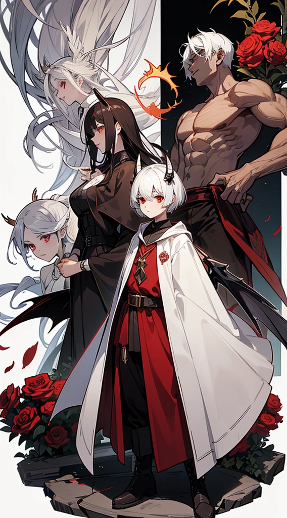 character sheet, character design, multiple angles, full body, book cover, artistic image, five characters, one male demonic angel character, Handsome man, white hair, very short hair, ((crew cut: 1)) , red eyes, fair skin, ((muscular: 1)), male, 28 years old, muscular, in good shape, muscular. golden details, brown leather shawl, baggy gray pants, black and brown belts, black boots, brown gloves, many belts, red halo, halo behind the head, horns on the head, chaos angel transformation, black feathers, white feathers, light elemental power, shadow elemental power, a chaos seraph, several skeleton hands, death power, life power. four female characters, four women with white hair, a woman with flames, a vampire woman with ice, a woman with monstrous roses, a woman with butterflies.