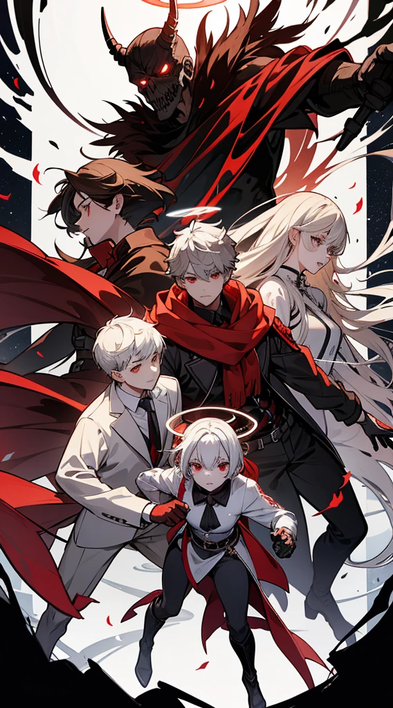 character sheet, character design, multiple angles, full body, book cover, artistic image, five characters, one male demonic angel character, Handsome man, white hair, very short hair, ((crew cut: 1)) , red eyes, fair skin, ((muscular: 1)), male, 28 years old, muscular, in good shape, muscular. golden details, brown leather shawl, baggy gray pants, black and brown belts, black boots, brown gloves, many belts, red halo, halo behind the head, horns on the head, chaos angel transformation, black feathers, white feathers, light elemental power, shadow elemental power, a chaos seraph, several skeleton hands, death power, life power. four female characters, four women with white hair, a woman with flames, a vampire woman with ice, a woman with monstrous roses, a woman with butterflies.