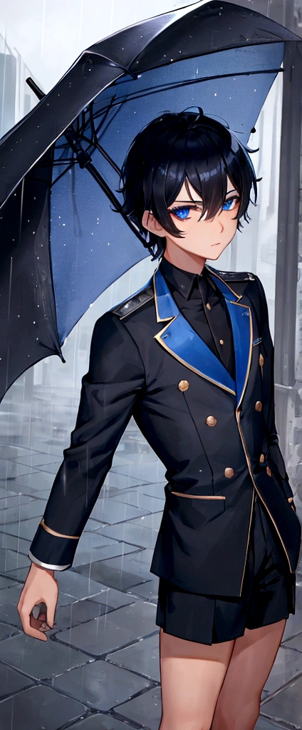 boy, short black hair, skin fair, blue eyes like sapphire, schoolar uniform, in the rain.