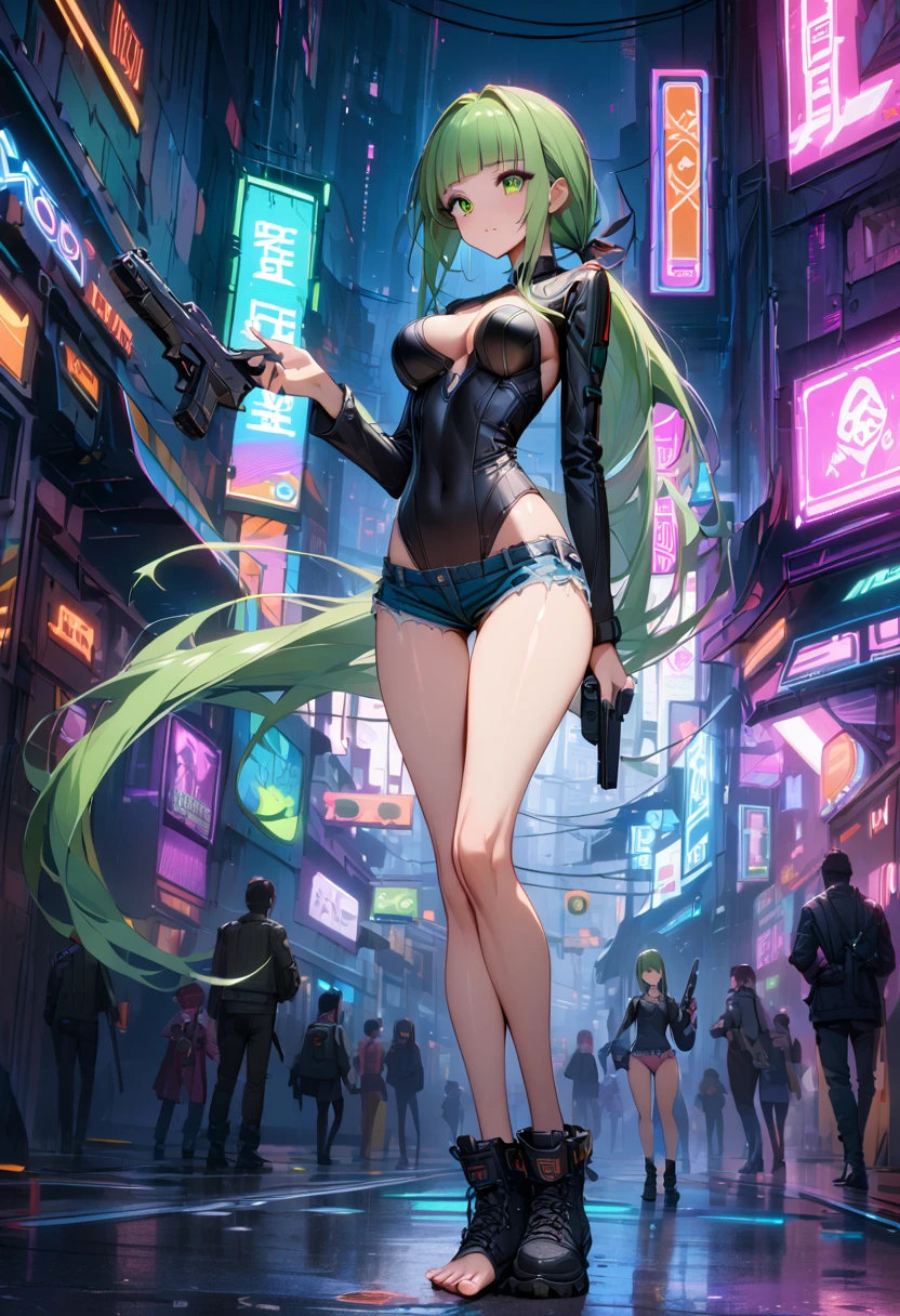 ((masterpiece,Highest quality:1.3)),cowboy shot,1woman,30 year old beauty,Investigator、独奏,((very small head:1.3)),green hair,(low ponytail),long hair,blunt bangs,green eyes,gorgeous eyes,medium breasts,((very long body:1.2)),((toned body,slender body,skinny)),gleaming skin,shiny skin,((Black leather leotard、Long sleeve,Micro Shorts))、barefoot、Black leather combat boots、Holding a handgun in your hand、standing,Metropolis、neon、cyber punk、World of Blade Runner、