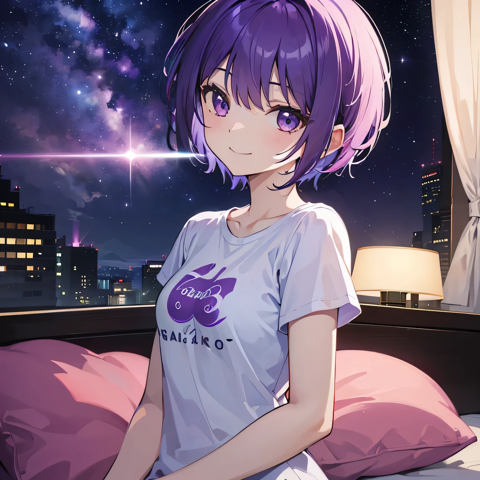 (T Masterpiece,4k wallpaper,Best Quality))、((girl1people))、(solo)、Bright and Brilliant,(Purple Hair)、(short hair:1.3)、smile、Bedroom、T-Shirts、night
