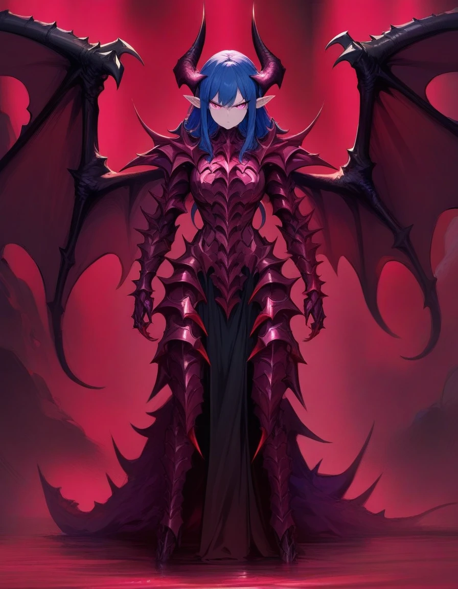 ((Best Quality)), ((Masterpiece)), (detailed), 1 girl, demonic armor,red and blue hair , bright pink eyes ,demonic horns, dragon wings , high , elegant , pointed ears , whole body , standing, serious expression , Alone , good body , strong , powerful